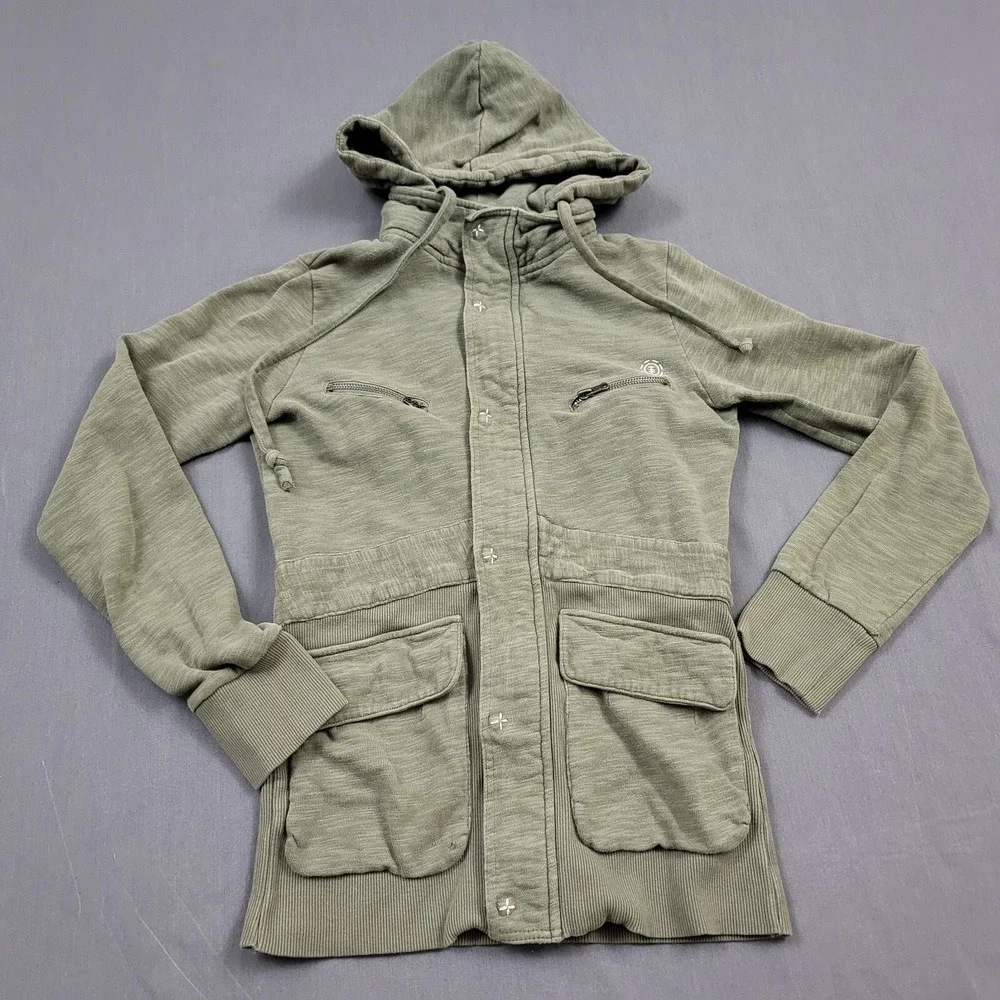 Element Womens Olive Green Slub Knit Utility Cargo Hoodie Jacket Snap Front S